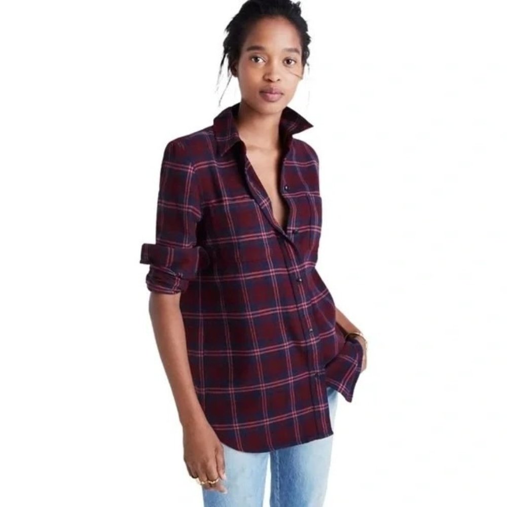 Madewell Women's Ex-Boyfriend Classic Maroon Red Jensen Plaid Button Up Medium
